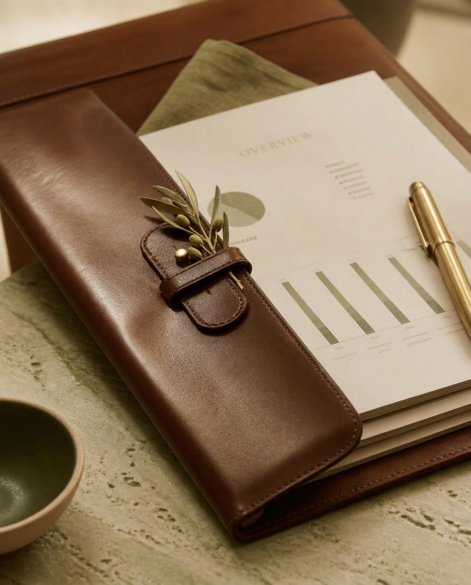 Leather portfolio, brass pen and printed strategy report on travertine